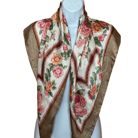Casca Floral Square Scarf Cabbage Rose Silky Golden Shimmery Hand Rolled Hem 35" - Picture 11 of 14